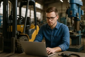 A man is using his laptop in a workshop to find out how to best finance new equipment for his start-up business